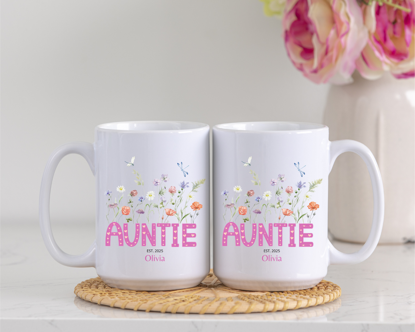 Custom Auntie Coffee Mug with Floral Design Personalized Name Gift for Aunt Birthday Christmas or From Nephew Best Aunt Ever Gift Idea