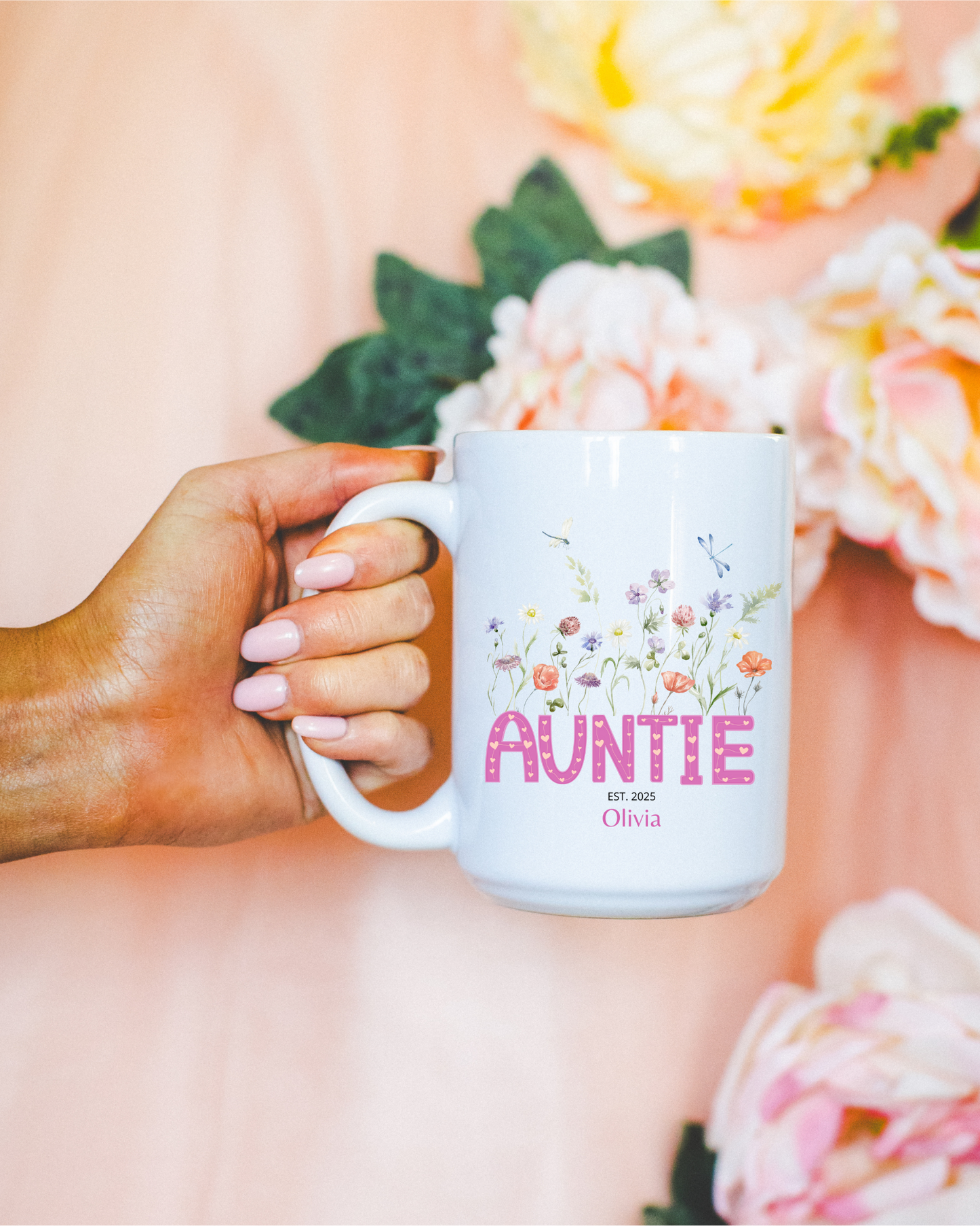Custom Auntie Coffee Mug with Floral Design Personalized Name Gift for Aunt Birthday Christmas or From Nephew Best Aunt Ever Gift Idea