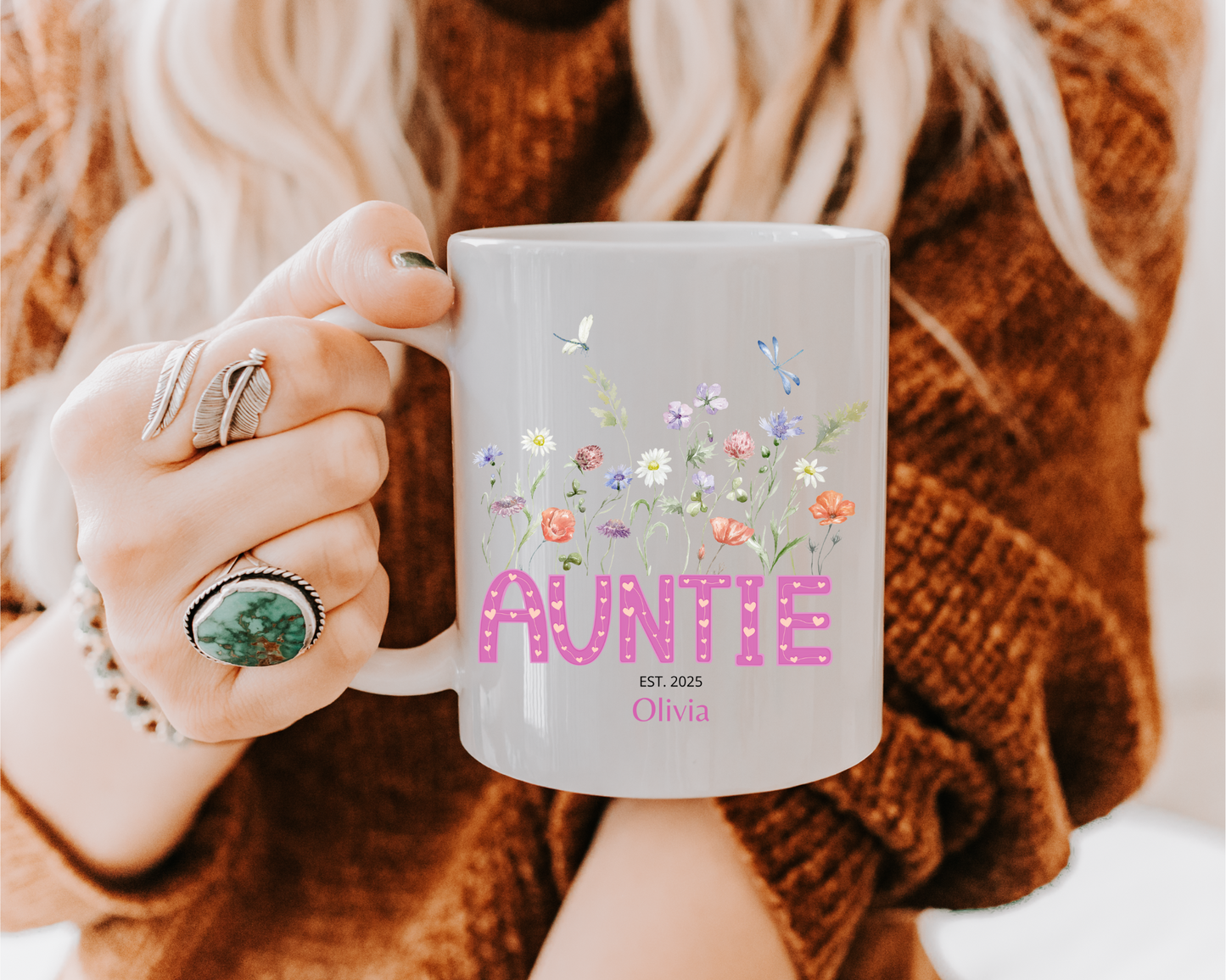 Custom Auntie Coffee Mug with Floral Design Personalized Name Gift for Aunt Birthday Christmas or From Nephew Best Aunt Ever Gift Idea