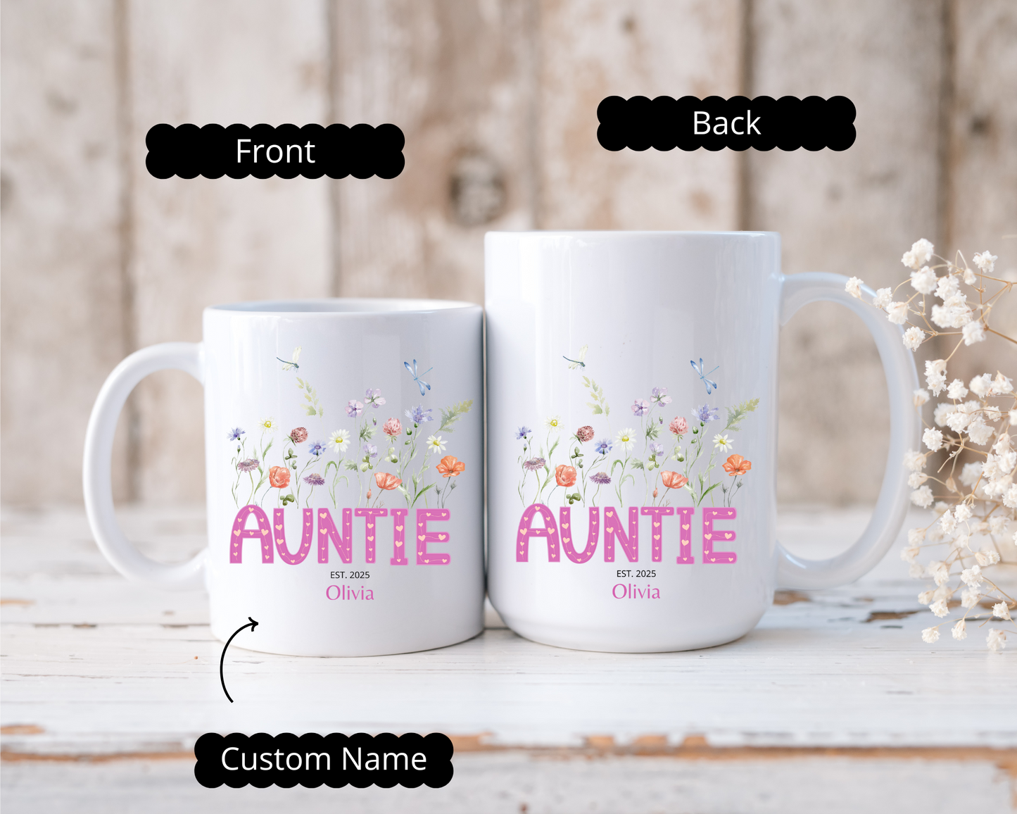 Custom Auntie Coffee Mug with Floral Design Personalized Name Gift for Aunt Birthday Christmas or From Nephew Best Aunt Ever Gift Idea