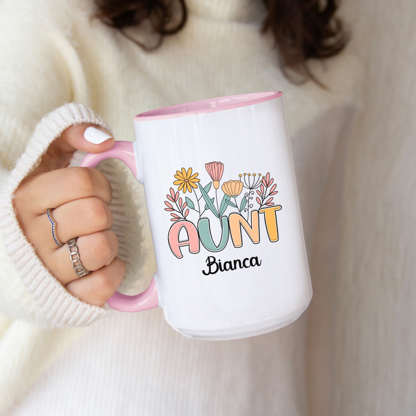 Personalized Auntie Floral Coffee Mug Custom Name Gift for Best Aunt Birthday Christmas New Aunt or from Nephew or Niece, Custom Aunt Mug