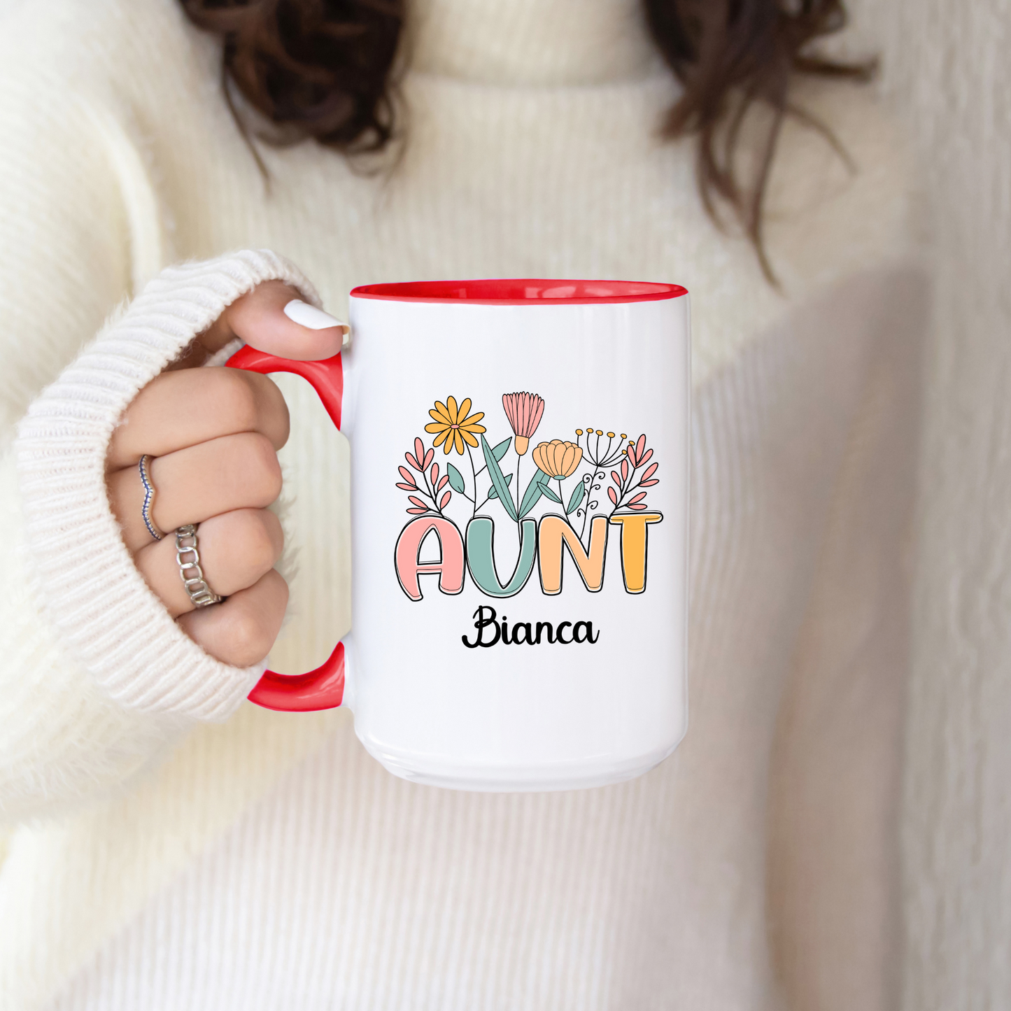 Personalized Auntie Floral Coffee Mug Custom Name Gift for Best Aunt Birthday Christmas New Aunt or from Nephew or Niece, Custom Aunt Mug