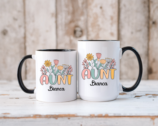 Personalized Auntie Floral Coffee Mug Custom Name Gift for Best Aunt Birthday Christmas New Aunt or from Nephew or Niece, Custom Aunt Mug