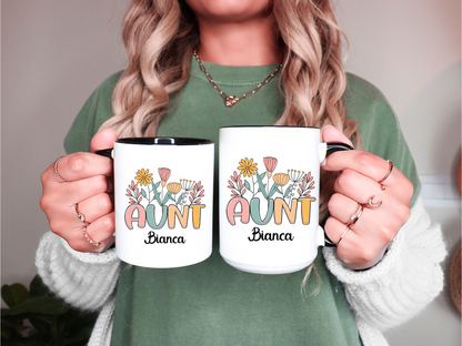 Personalized Auntie Floral Coffee Mug Custom Name Gift for Best Aunt Birthday Christmas New Aunt or from Nephew or Niece, Custom Aunt Mug