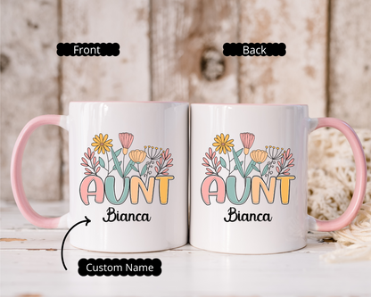 Personalized Auntie Floral Coffee Mug Custom Name Gift for Best Aunt Birthday Christmas New Aunt or from Nephew or Niece, Custom Aunt Mug