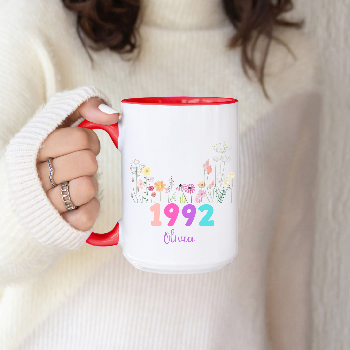 Personalized Birth Flower Mug with Name and Year Custom Floral Coffee Cup Gift for Birthday Mom Friend Wife Daughter or Coworker 20 to 70