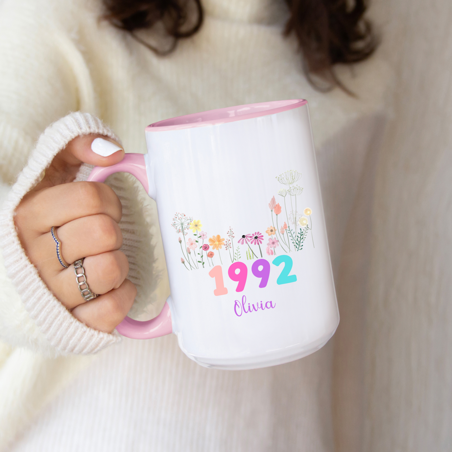 Personalized Birth Flower Mug with Name and Year Custom Floral Coffee Cup Gift for Birthday Mom Friend Wife Daughter or Coworker 20 to 70
