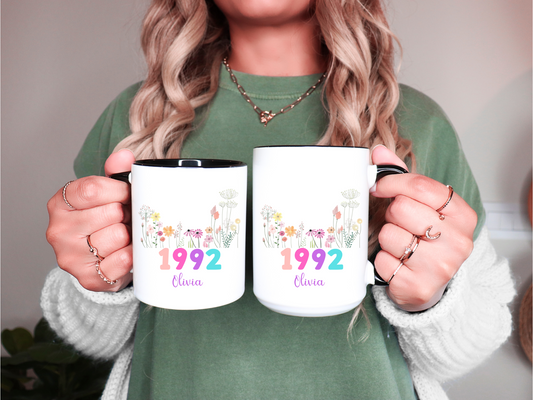 Personalized Birth Flower Mug with Name and Year Custom Floral Coffee Cup Gift for Birthday Mom Friend Wife Daughter or Coworker 20 to 70