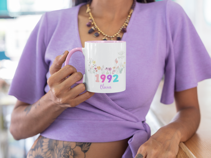Personalized Birth Flower Mug with Name and Year Custom Floral Coffee Cup Gift for Birthday Mom Friend Wife Daughter or Coworker 20 to 70