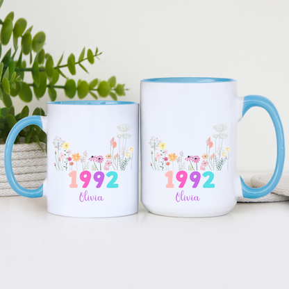 Personalized Birth Flower Mug with Name and Year Custom Floral Coffee Cup Gift for Birthday Mom Friend Wife Daughter or Coworker 20 to 70