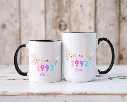 Personalized Birth Flower Mug with Name and Year Custom Floral Coffee Cup Gift for Birthday Mom Friend Wife Daughter or Coworker 20 to 70