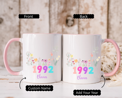 Personalized Birth Flower Mug with Name and Year Custom Floral Coffee Cup Gift for Birthday Mom Friend Wife Daughter or Coworker 20 to 70