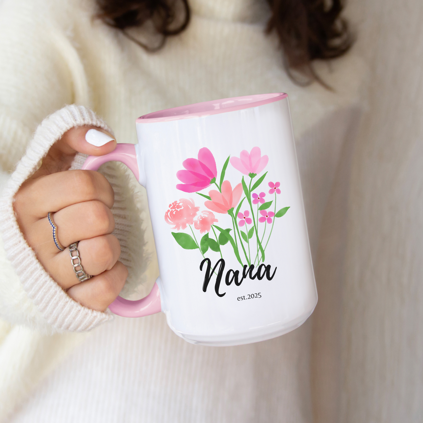 Custom Floral Nana Mug with Name Personalized Ceramic Coffee Cup for New Grandma Est 2025 Mothers Day or Birthday Gift Wildflower Design