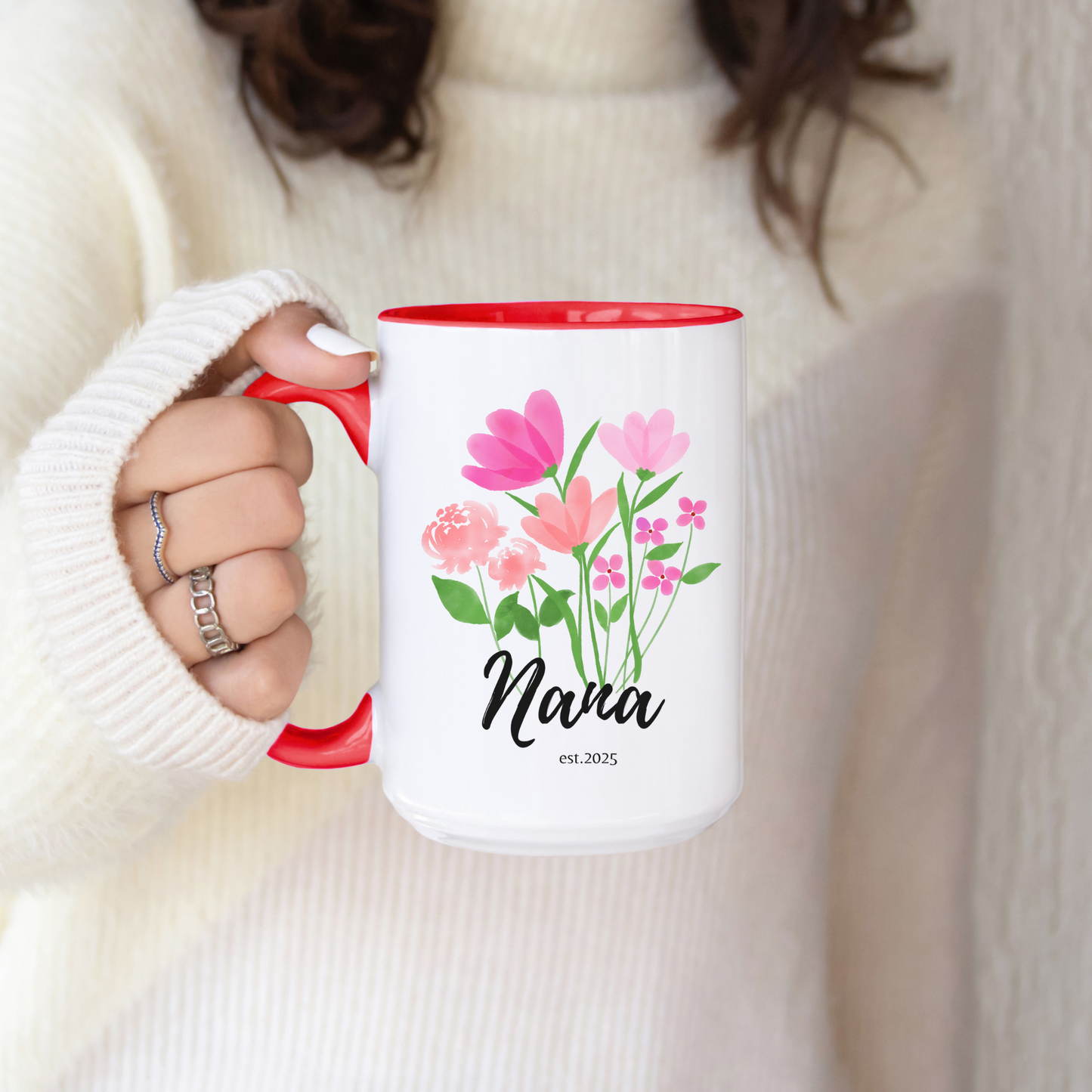 Custom Floral Nana Mug with Name Personalized Ceramic Coffee Cup for New Grandma Est 2025 Mothers Day or Birthday Gift Wildflower Design
