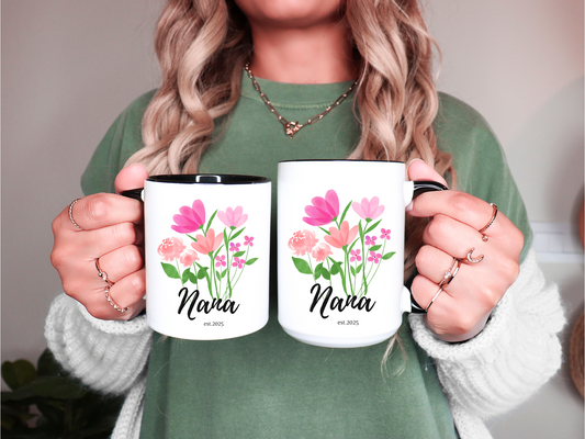 Custom Floral Nana Mug with Name Personalized Ceramic Coffee Cup for New Grandma Est 2025 Mothers Day or Birthday Gift Wildflower Design