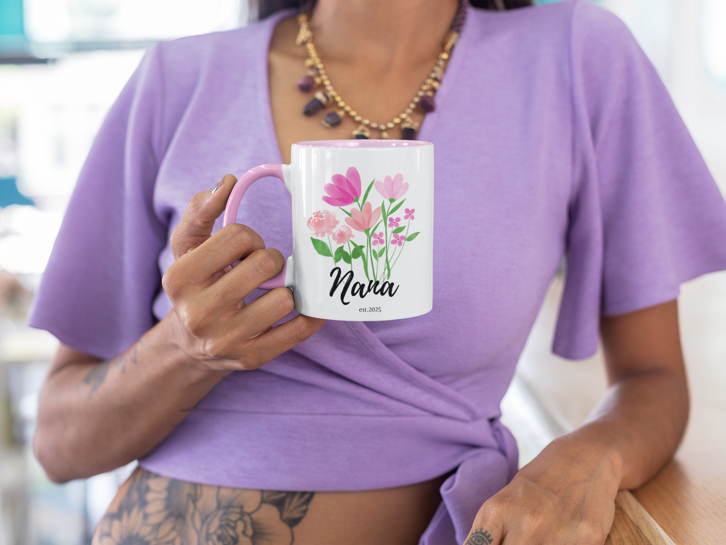 Custom Floral Nana Mug with Name Personalized Ceramic Coffee Cup for New Grandma Est 2025 Mothers Day or Birthday Gift Wildflower Design