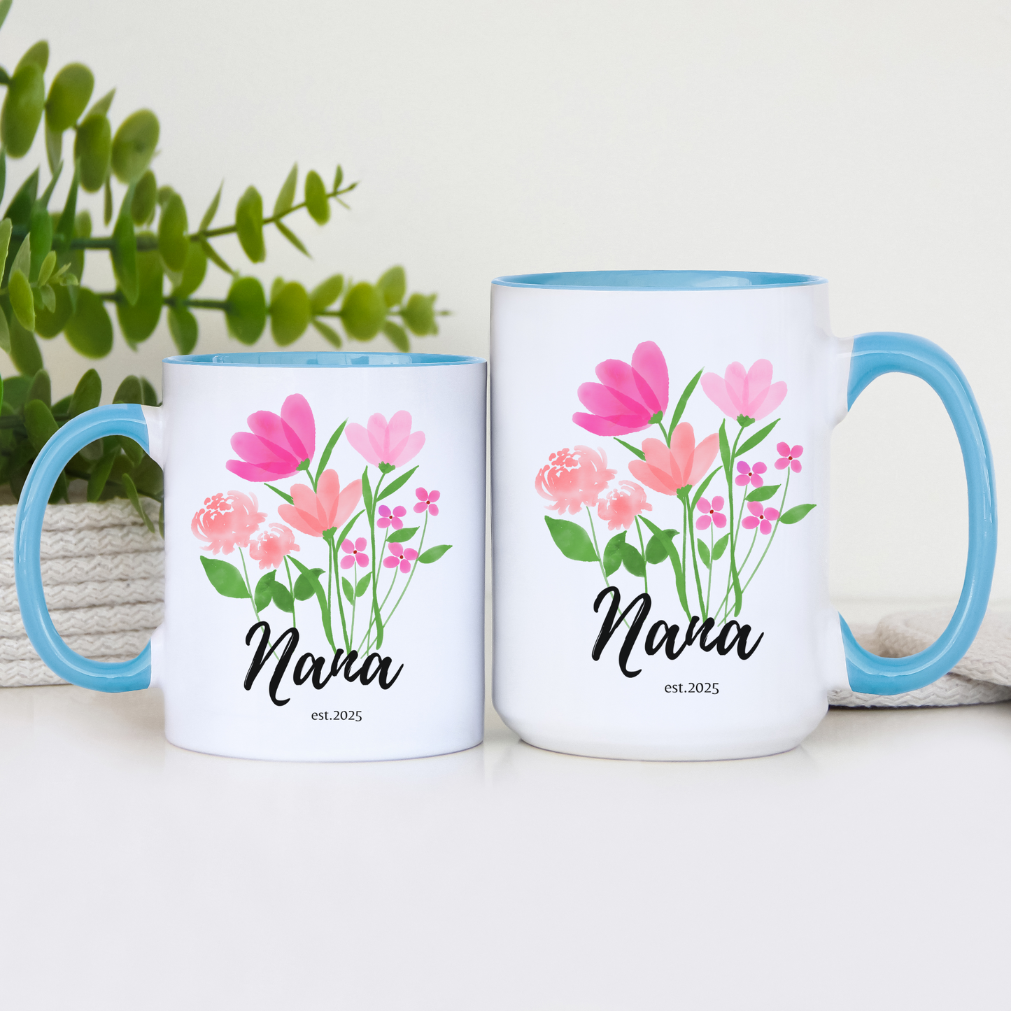 Custom Floral Nana Mug with Name Personalized Ceramic Coffee Cup for New Grandma Est 2025 Mothers Day or Birthday Gift Wildflower Design