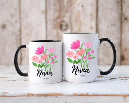 Custom Floral Nana Mug with Name Personalized Ceramic Coffee Cup for New Grandma Est 2025 Mothers Day or Birthday Gift Wildflower Design