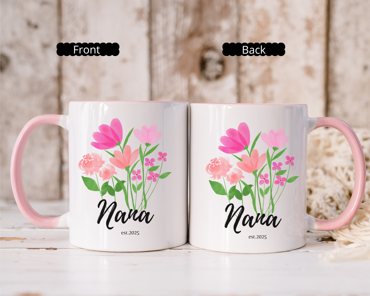 Custom Floral Nana Mug with Name Personalized Ceramic Coffee Cup for New Grandma Est 2025 Mothers Day or Birthday Gift Wildflower Design