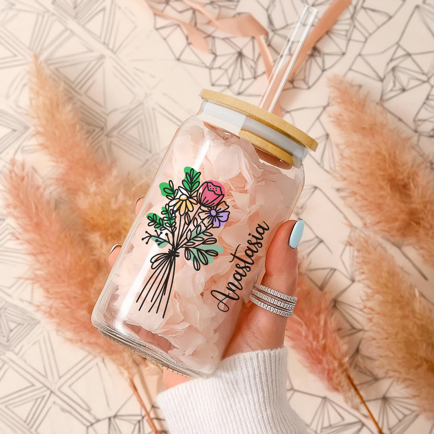 Birthflower Sipper Glass with Custom Design Personalized Iced Coffee Cup Gift for Maid of Honor Best Friend Birthday or Christmas Gift