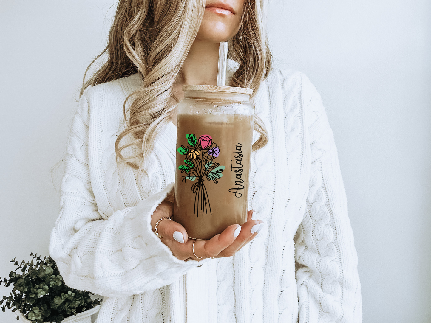 Birthflower Sipper Glass with Custom Design Personalized Iced Coffee Cup Gift for Maid of Honor Best Friend Birthday or Christmas Gift
