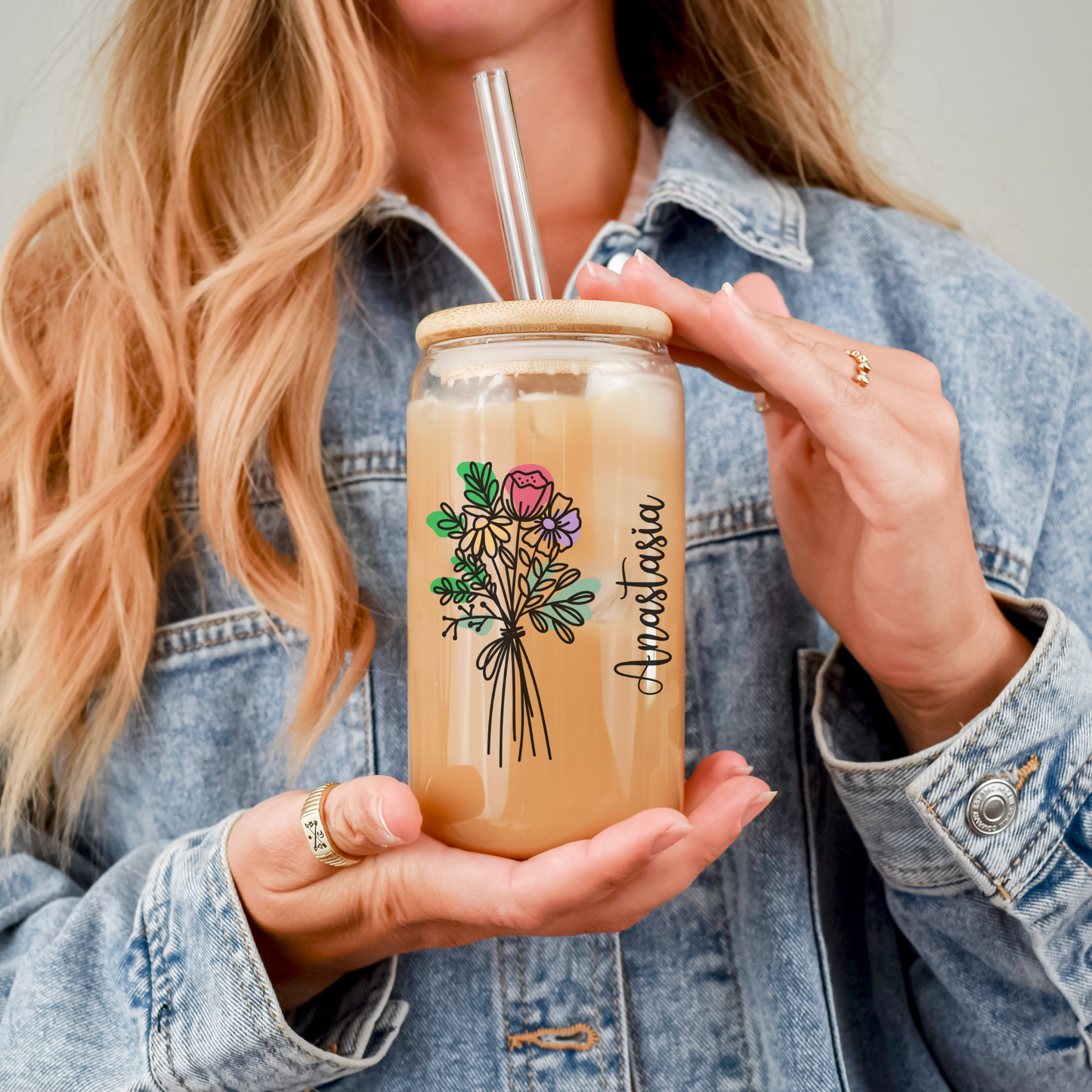 Birthflower Sipper Glass with Custom Design Personalized Iced Coffee Cup Gift for Maid of Honor Best Friend Birthday or Christmas Gift