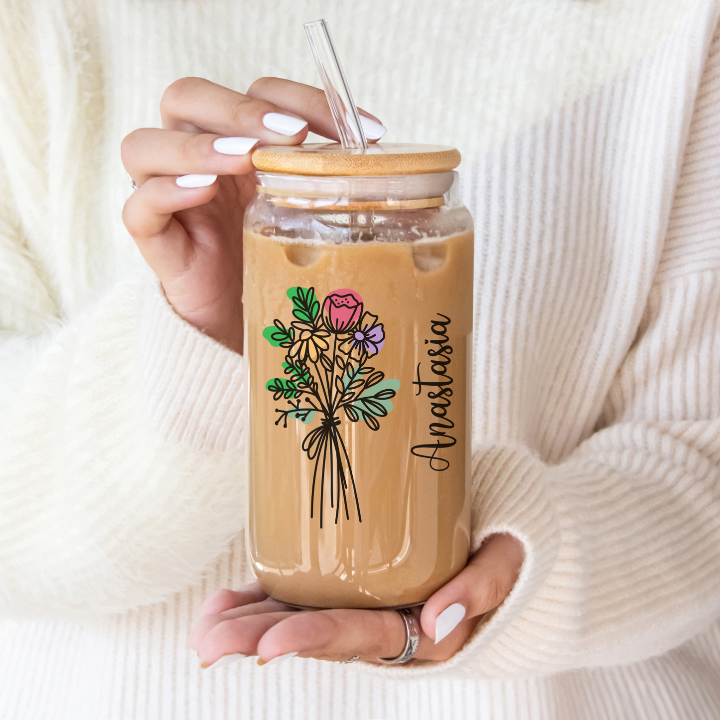 Birthflower Sipper Glass with Custom Design Personalized Iced Coffee Cup Gift for Maid of Honor Best Friend Birthday or Christmas Gift