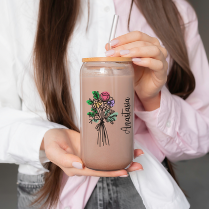 Birthflower Sipper Glass with Custom Design Personalized Iced Coffee Cup Gift for Maid of Honor Best Friend Birthday or Christmas Gift