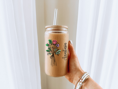 Birthflower Sipper Glass with Custom Design Personalized Iced Coffee Cup Gift for Maid of Honor Best Friend Birthday or Christmas Gift