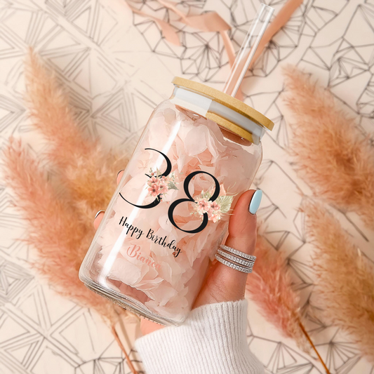 Personal Glass Cup with Custom Name and Floral Number Design Birth Flower Iced Coffee Sipper Perfect Gift for Birthday Christmas or Friends