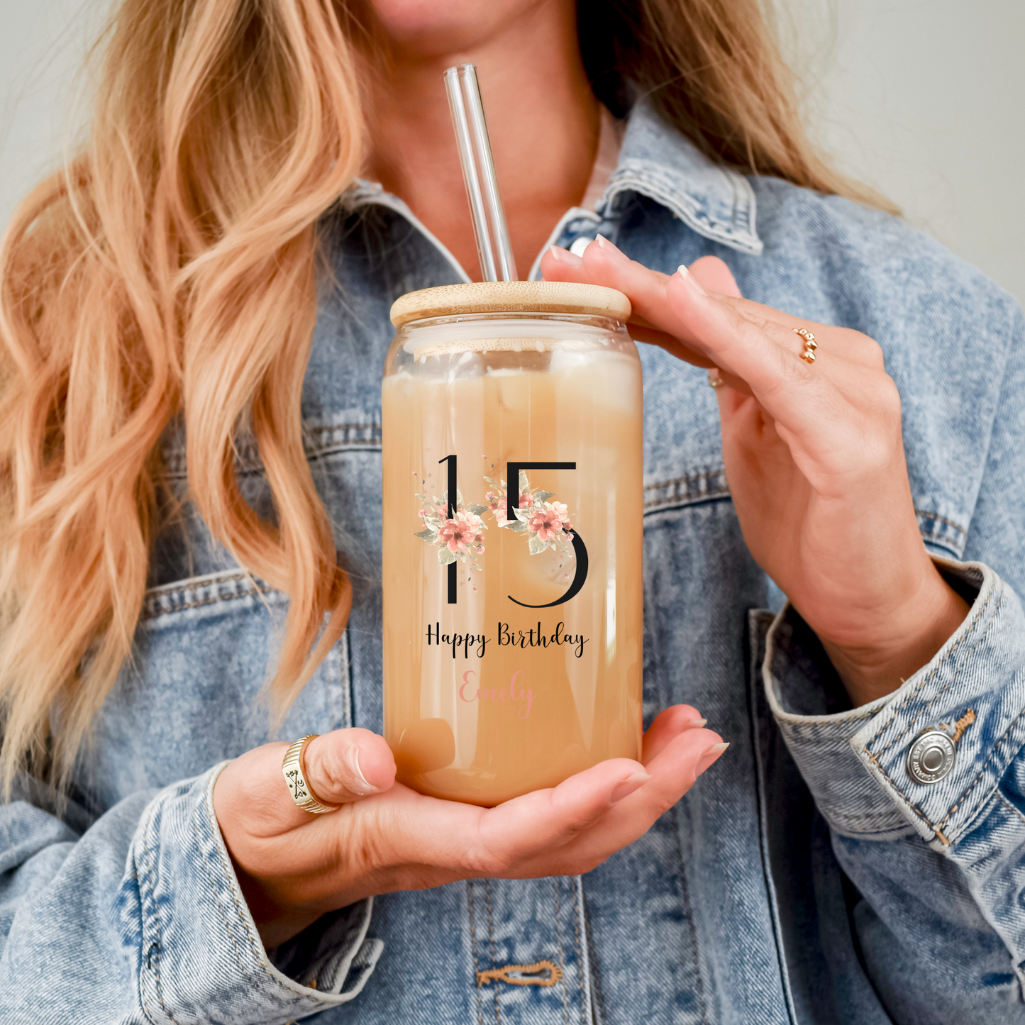 Personal Glass Cup with Custom Name and Floral Number Design Birth Flower Iced Coffee Sipper Perfect Gift for Birthday Christmas or Friends