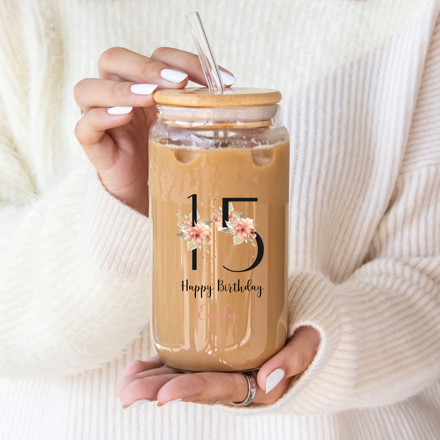 Personal Glass Cup with Custom Name and Floral Number Design Birth Flower Iced Coffee Sipper Perfect Gift for Birthday Christmas or Friends