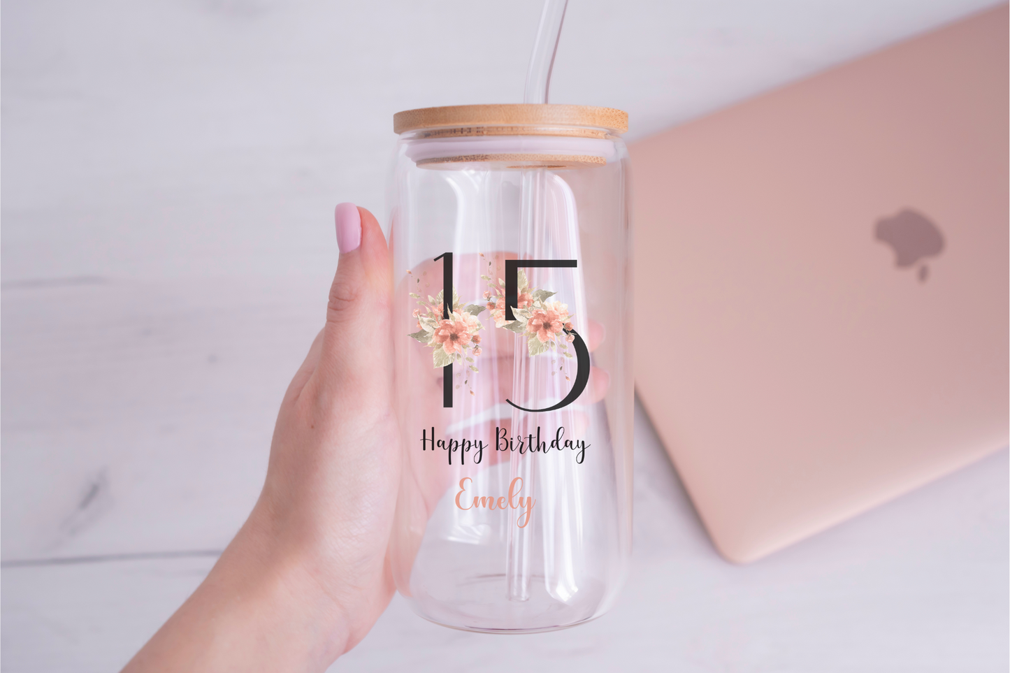 Personal Glass Cup with Custom Name and Floral Number Design Birth Flower Iced Coffee Sipper Perfect Gift for Birthday Christmas or Friends