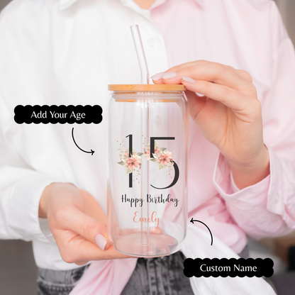 Personal Glass Cup with Custom Name and Floral Number Design Birth Flower Iced Coffee Sipper Perfect Gift for Birthday Christmas or Friends