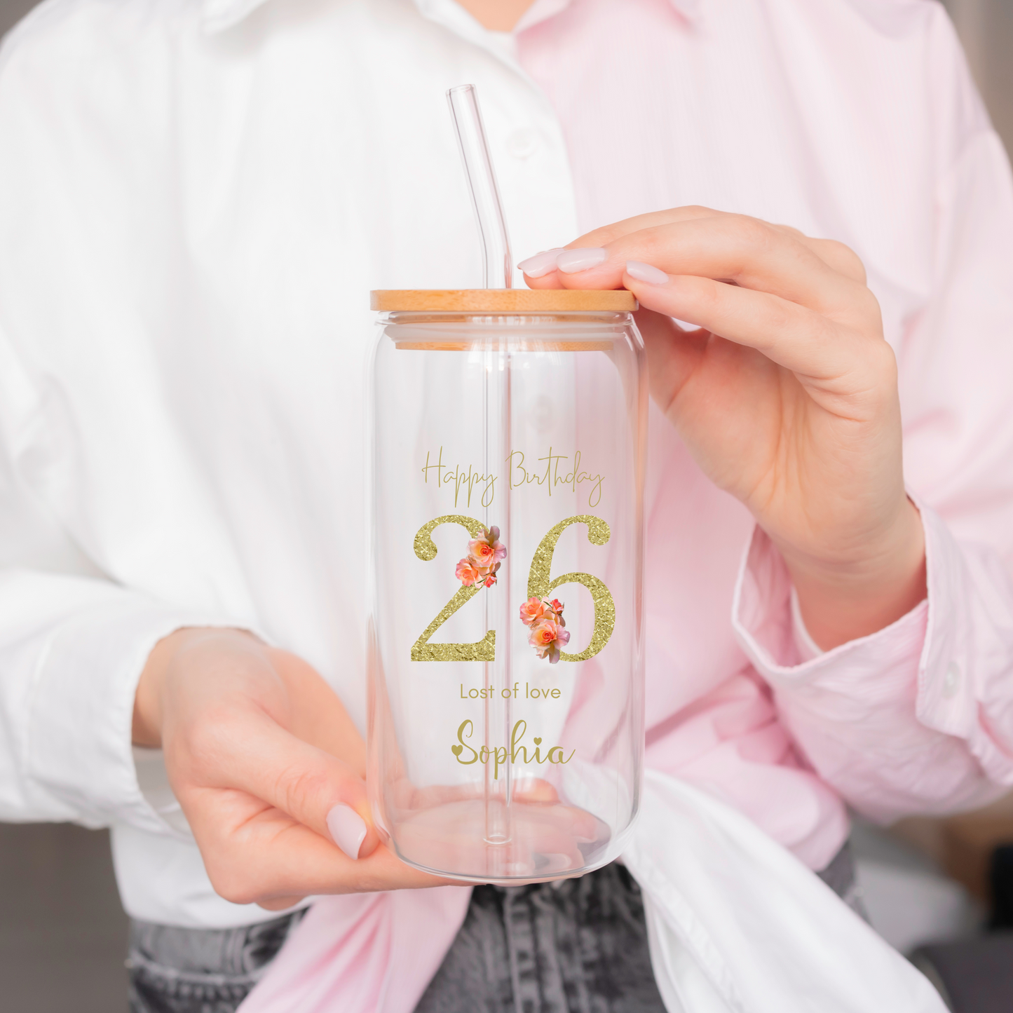 Personal Glass Cup with Birth Flower and Custom Name Floral Number Iced Coffee Sipper Gift for Women Birthday Friend Birthday Sipper Glass