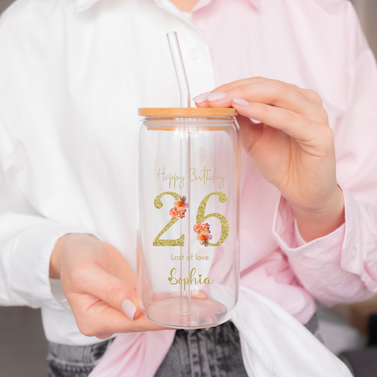 Personal Glass Cup with Birth Flower and Custom Name Floral Number Iced Coffee Sipper Gift for Women Birthday Friend Birthday Sipper Glass