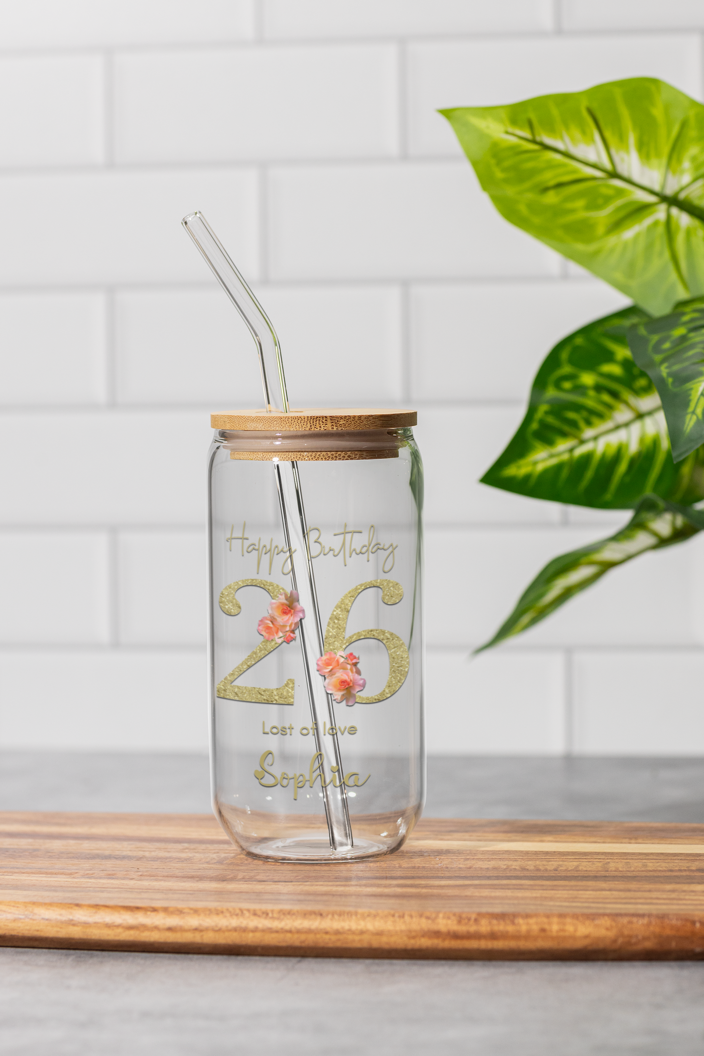 Personal Glass Cup with Birth Flower and Custom Name Floral Number Iced Coffee Sipper Gift for Women Birthday Friend Birthday Sipper Glass