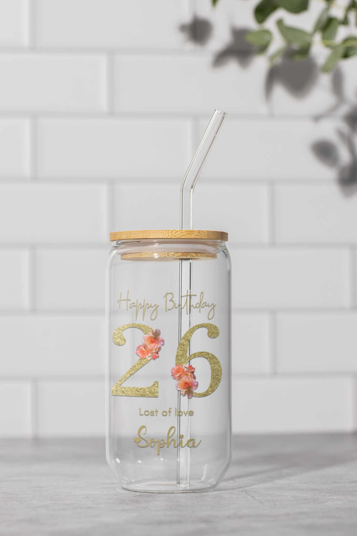 Personal Glass Cup with Birth Flower and Custom Name Floral Number Iced Coffee Sipper Gift for Women Birthday Friend Birthday Sipper Glass