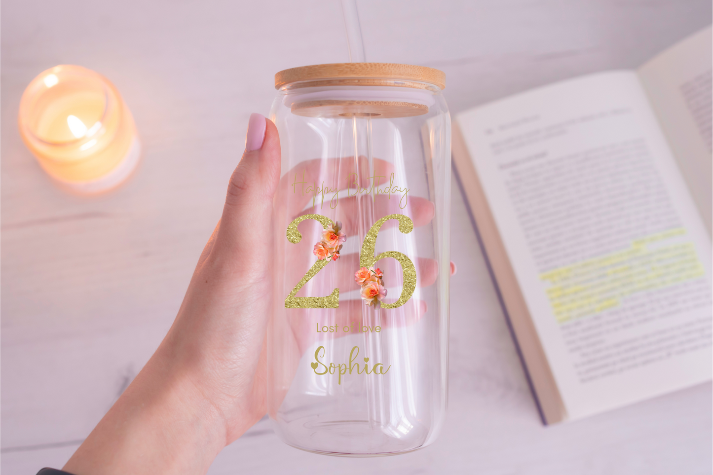 Personal Glass Cup with Birth Flower and Custom Name Floral Number Iced Coffee Sipper Gift for Women Birthday Friend Birthday Sipper Glass
