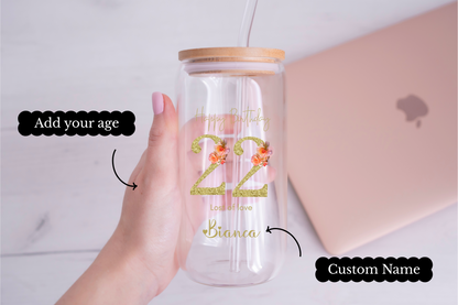 Personal Glass Cup with Birth Flower and Custom Name Floral Number Iced Coffee Sipper Gift for Women Birthday Friend Birthday Sipper Glass