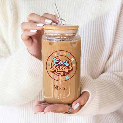 Personal Glass Cup for Cool Aunt Custom Name Iced Coffee Sipper Gift for Aunt Birthday New Aunt or Appreciation from Niece or Nephew