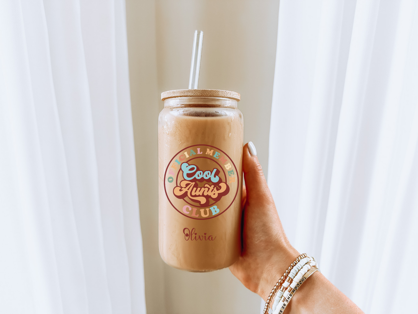 Personal Glass Cup for Cool Aunt Custom Name Iced Coffee Sipper Gift for Aunt Birthday New Aunt or Appreciation from Niece or Nephew