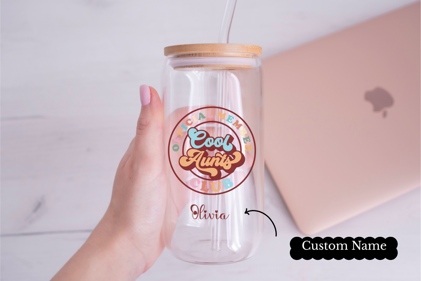 Personal Glass Cup for Cool Aunt Custom Name Iced Coffee Sipper Gift for Aunt Birthday New Aunt or Appreciation from Niece or Nephew