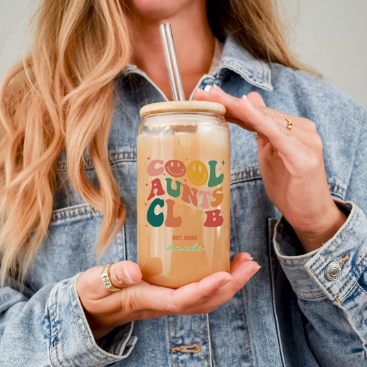 Cool Aunt Personal Glass Cup Custom Name Iced Coffee Sipper Unique Gift for Auntie Birthday New Aunt or Appreciation from Niece or Nephew