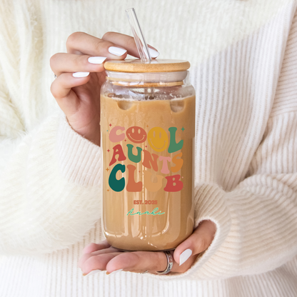 Cool Aunt Personal Glass Cup Custom Name Iced Coffee Sipper Unique Gift for Auntie Birthday New Aunt or Appreciation from Niece or Nephew