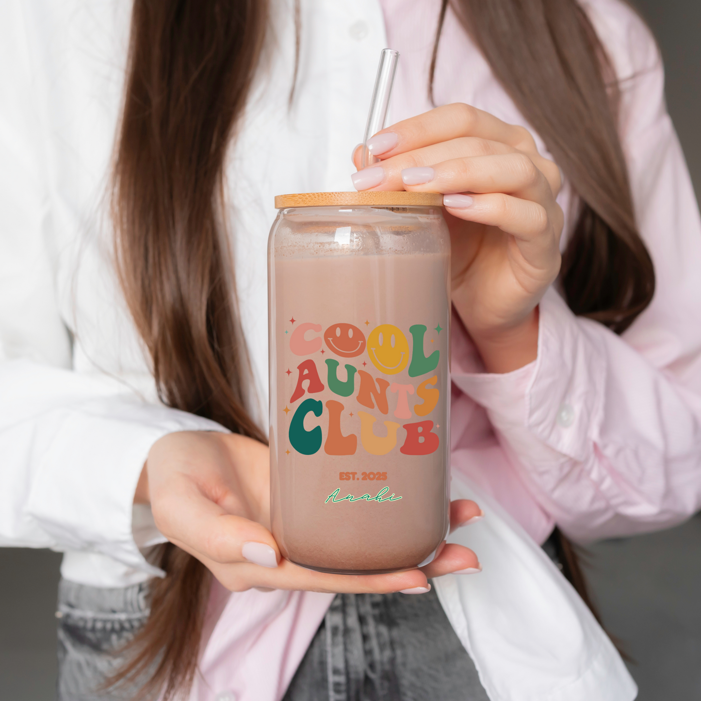 Cool Aunt Personal Glass Cup Custom Name Iced Coffee Sipper Unique Gift for Auntie Birthday New Aunt or Appreciation from Niece or Nephew