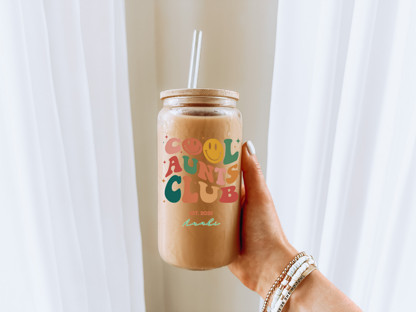 Cool Aunt Personal Glass Cup Custom Name Iced Coffee Sipper Unique Gift for Auntie Birthday New Aunt or Appreciation from Niece or Nephew
