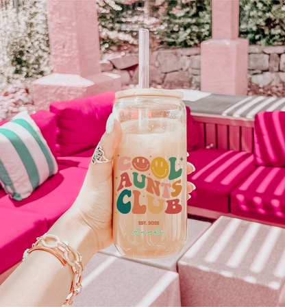 Cool Aunt Personal Glass Cup Custom Name Iced Coffee Sipper Unique Gift for Auntie Birthday New Aunt or Appreciation from Niece or Nephew