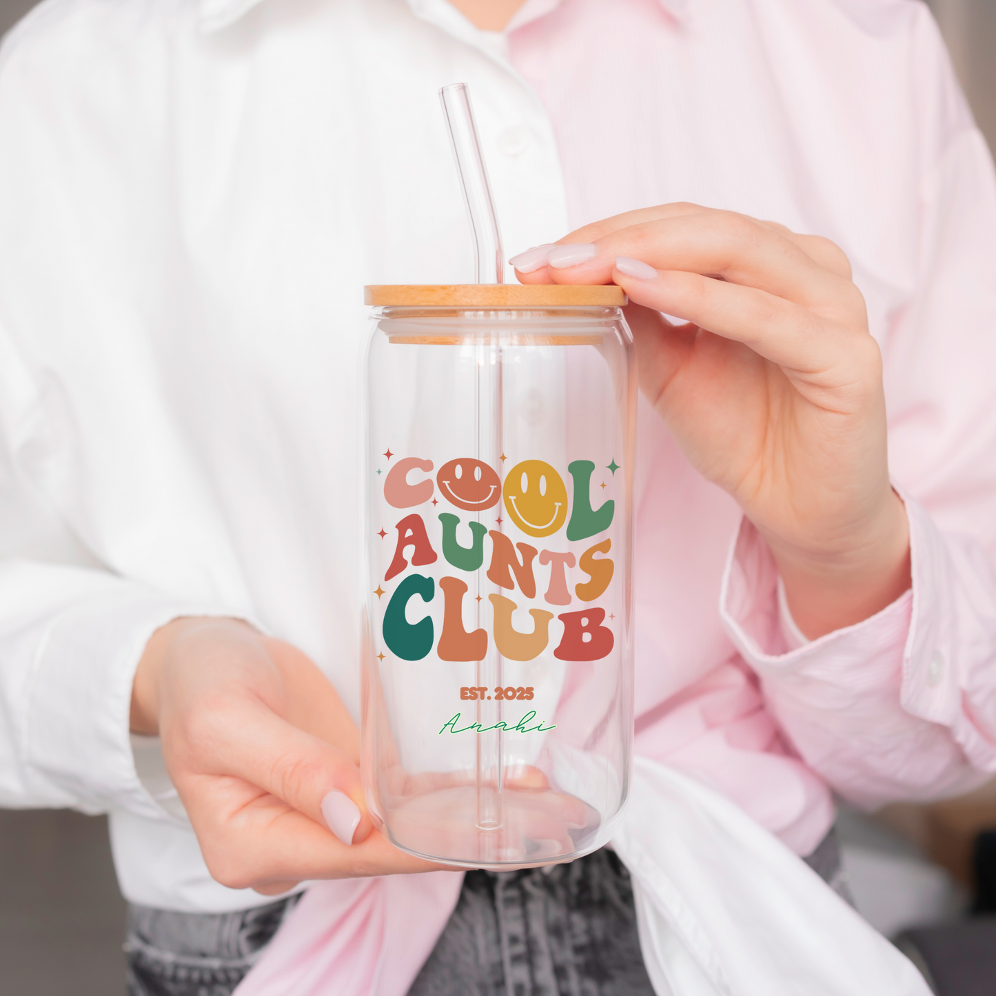 Cool Aunt Personal Glass Cup Custom Name Iced Coffee Sipper Unique Gift for Auntie Birthday New Aunt or Appreciation from Niece or Nephew
