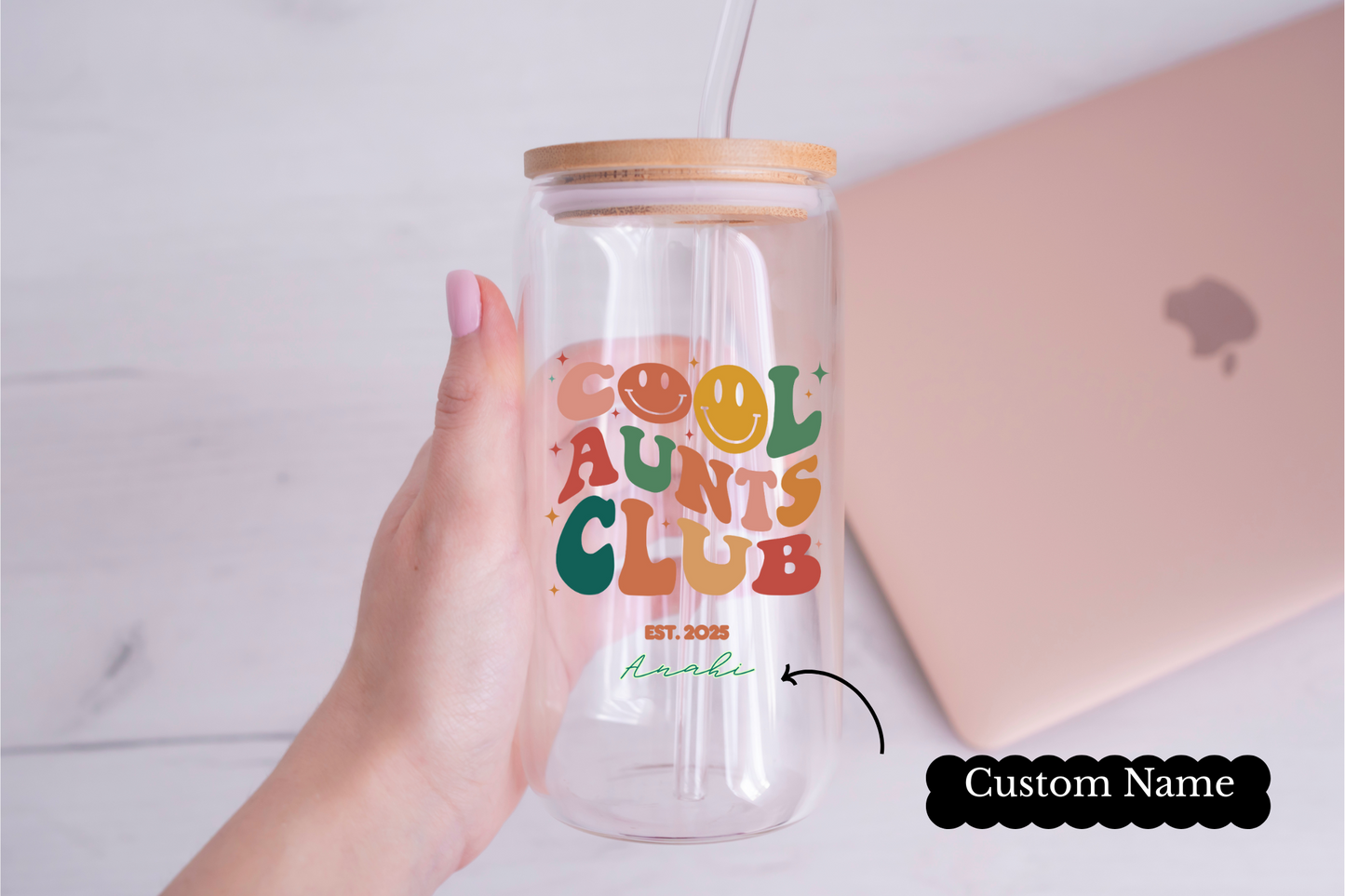 Cool Aunt Personal Glass Cup Custom Name Iced Coffee Sipper Unique Gift for Auntie Birthday New Aunt or Appreciation from Niece or Nephew